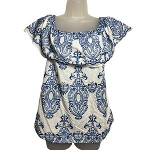 Finley White Blue Damask Ruffle Embroidered Off Shoulder Top Blouse Womens Large